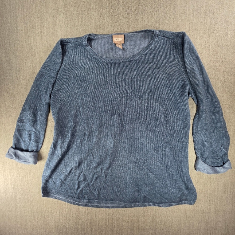 Chico's Sweater Women 2 Blue Knit 3/4 Sleeve Crew Neck Lightweight Pullover